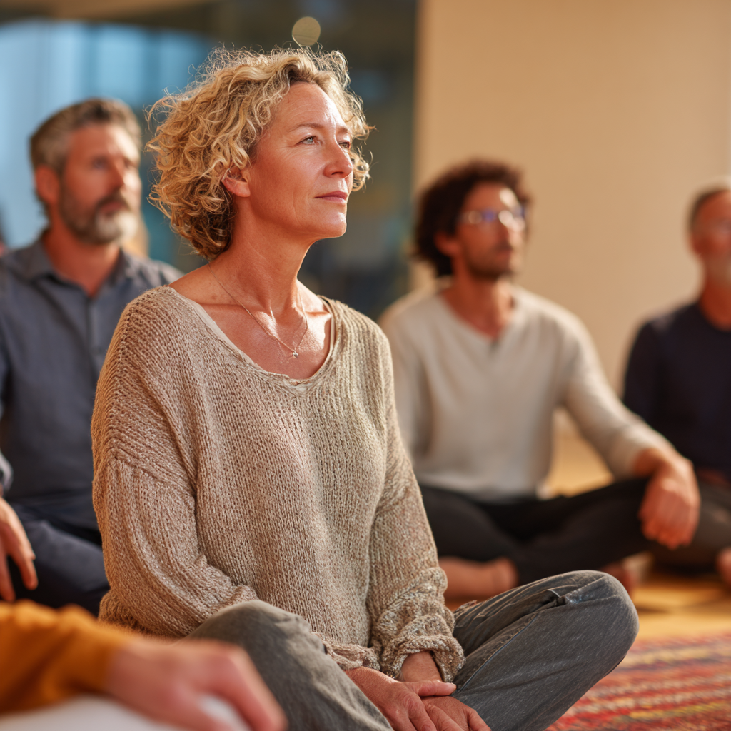 Middle-aged adults participating in group wellness session with professional guidance
