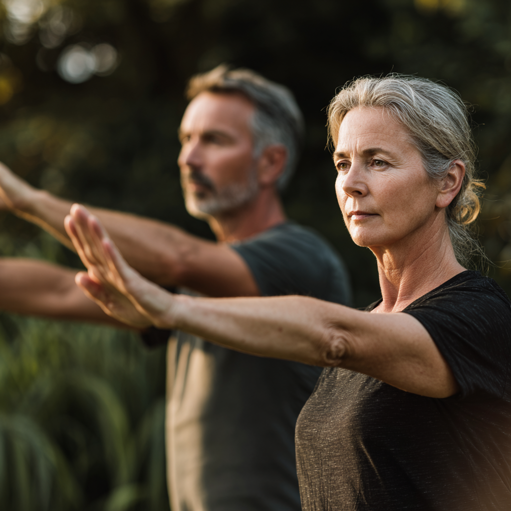 Middle-aged adults practicing gentle movement exercises in natural outdoor setting