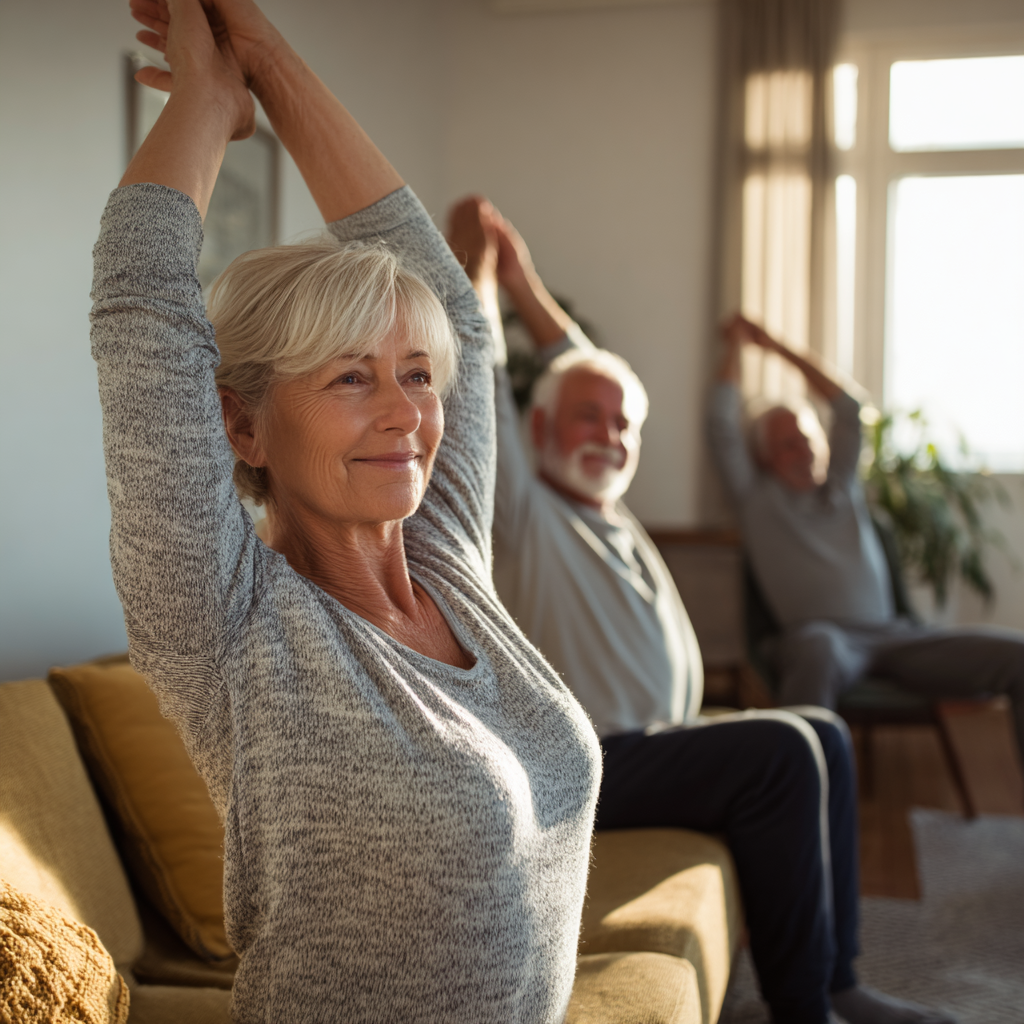 Older adults engaging in gentle morning stretching routine in bright living room